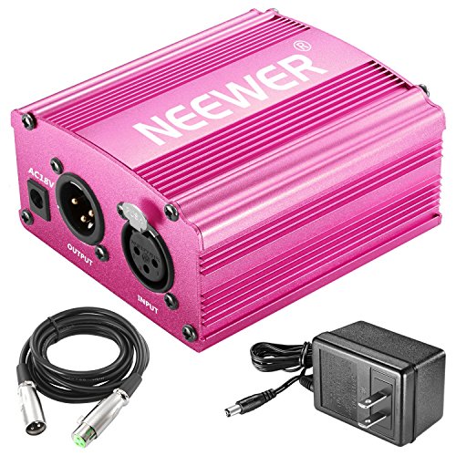 Neewer 1-Channel 48V Phantom Power Supply with Adapter and XLR Audio Cable (Pink)