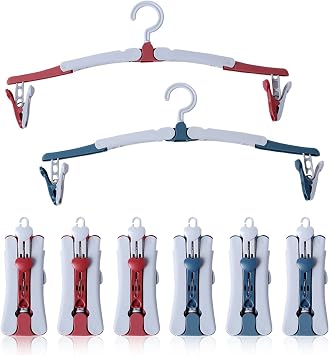 Folding Clothes Hanger, 8 PCS Travel Hangers With Clips, 360 Degree Rotating Hook, Plastic Non-Slip Portable Multi-Purpose for Home Hotel Travel Camping, Blue, Red