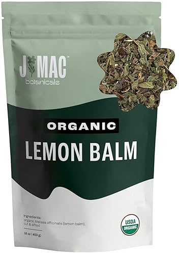 J Mac Botanicals Bálsamo de limón orgánico (16 onzas), té de hojas sueltas, té de bálsamo de limón seco, infusión de hierbas orgánicas a base de