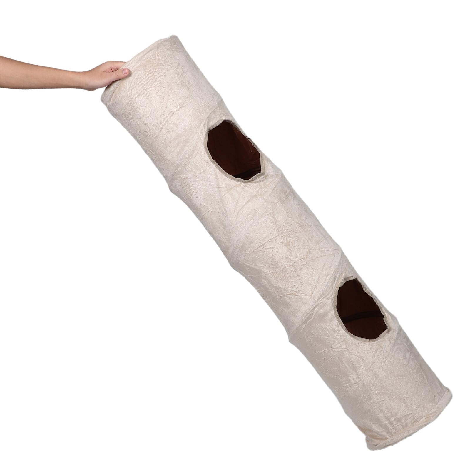 Tunnel Souple Beige pour Petits Animaux avec 2 Trous et Balle Interactive en Tissu Polyester, Espace de Jeu et Repos Confortable pour Chatons en Intérieur