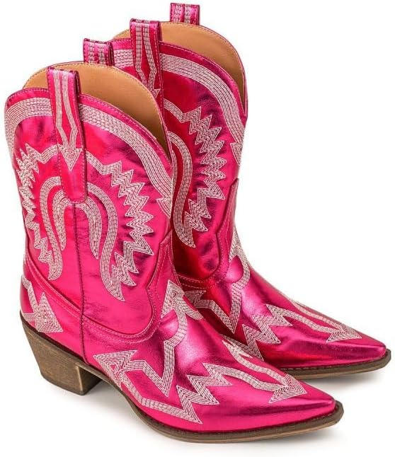 Women's Embroidered Cowgirl Boots Calf Thick Heels Pointed Head Country Music Festival Vintage Western Metal Cowboy Ankle Boot - Image 6