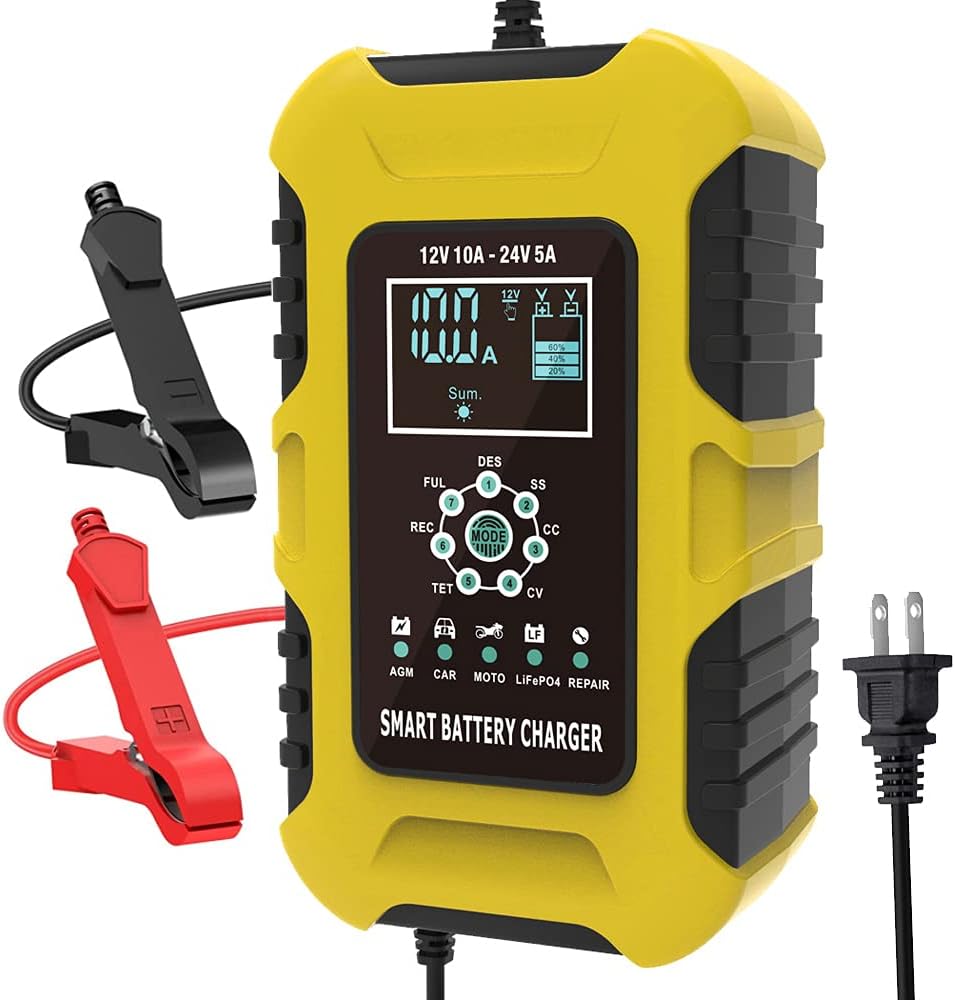foxsur 12V 24V 10A Smart Lead Pulse Repair Charger LiFePO4 Motorcycle & Car Battery Charger AGM Deep Cycle Gel EFB Lead-Acid Charger, Yellow
