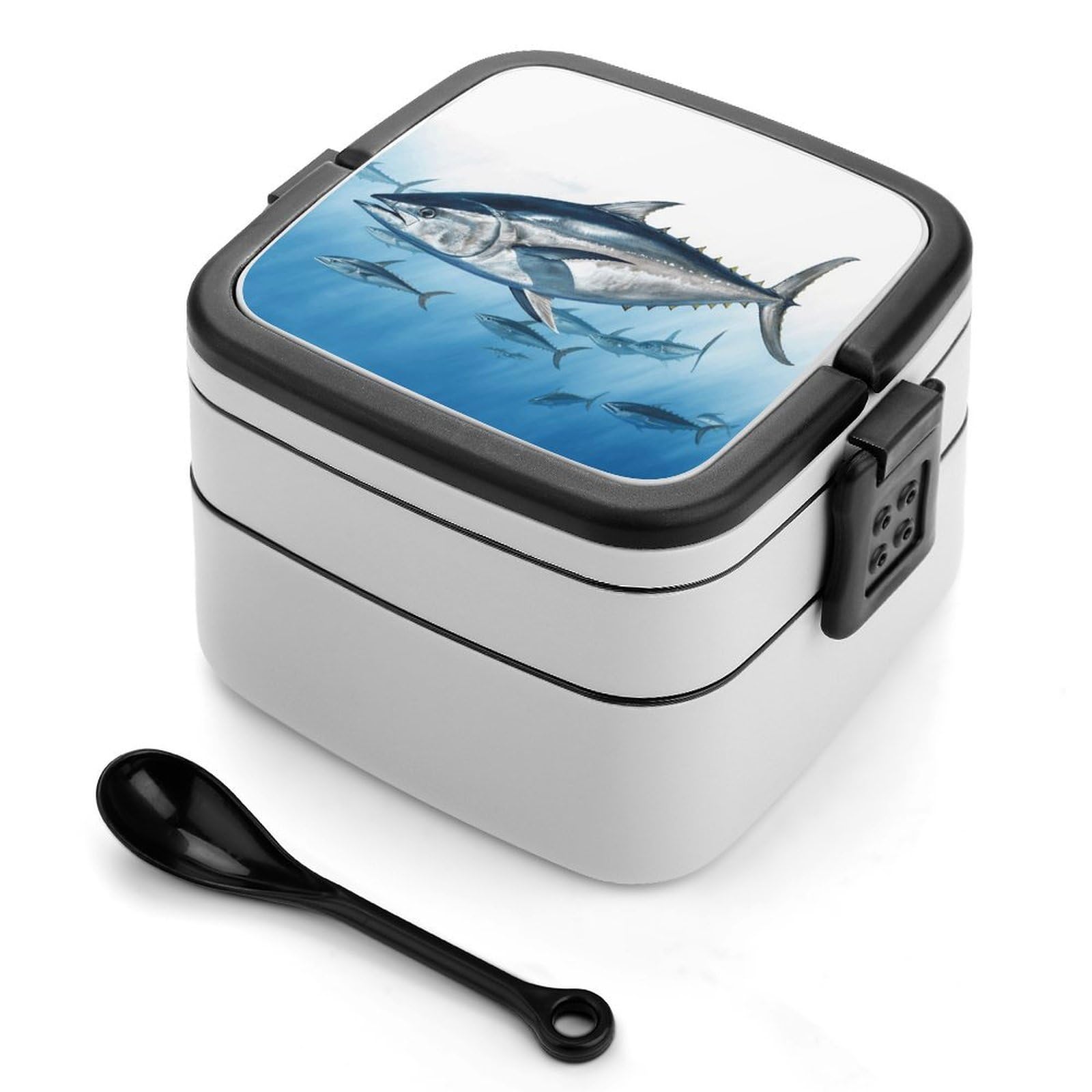 FekiLoot Bluefin Tuna Thunnus Bento Box Adult Lunch Box Sealed Bento Lunch Boxes with Spoon Sturdy Double Layer Bento Boxes Snap-on Design Leak Proof Lunch Containers Ideal for Work