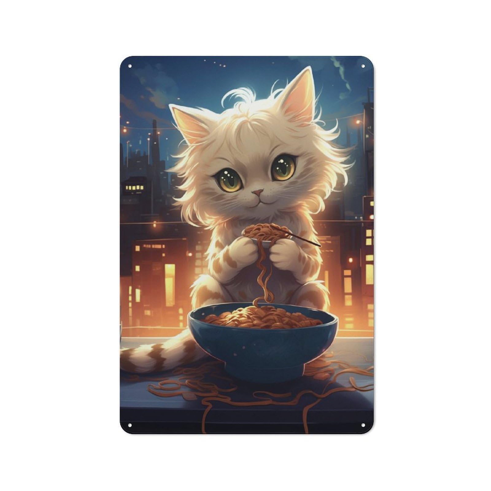 Junmoney Cute Cat Eating Spaghettii Tin Wall Plaque 30X20cm With For Dining Room Or Kitchen, For Collectors Decorating Kitchens And Dining Spaces