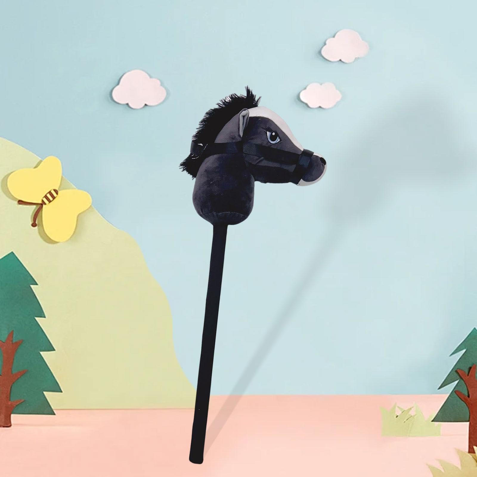 Hobby Horse Steckenpferd Kinder Plüsch Reitspielzeug Tierkopf Stabspielzeug mit Griff Aus Weichem Pp Baumwollstoff für Bühnenstücke Und Freizeit Drinn, Schwarz