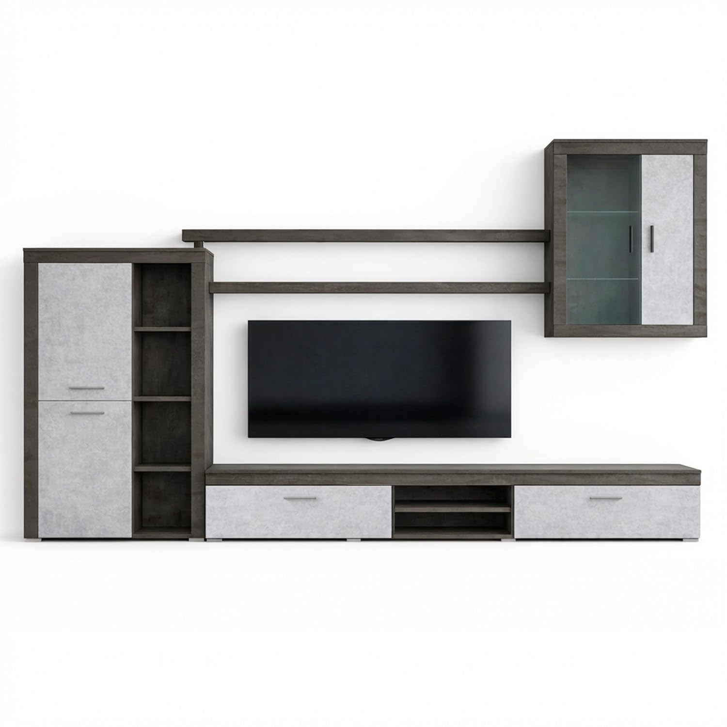 Parete Attrezzata Da Soggiorno Salotto Moderna Con Mobile TV Ante Mensole Vani A Giorno Vetrinetta Design Moderno Moduli Sospesi 293 X 193 X 50 Cm Ossido E Grigio Cemento