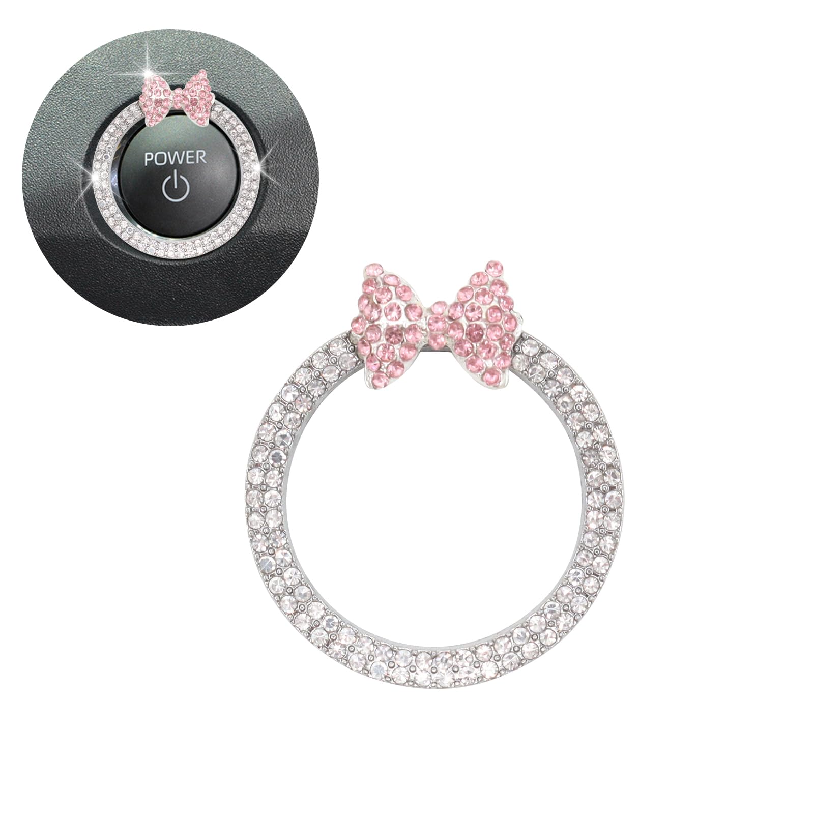Pink Bow Car Accessories Bow Tie Engine Start Button Ring Bling Girly Silver Rhinestone Ring Start Stop Button