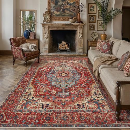 Image of PureCozy Vintage Rugs Living Room Large Washable 200x300cm Non Slip Red Area Rug Boho Carpet for Kids Bedroom Bedside Nursery Playroom Lounge Office Traditional Carpets Low Pile Mat