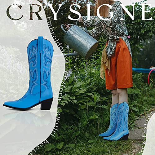 CRYSIGNE Women Vintage Embroidered Mid Calf Cowboy Cowgirl Boots Ladies Snip Toe Pull On Chunky Heel Western Boots2