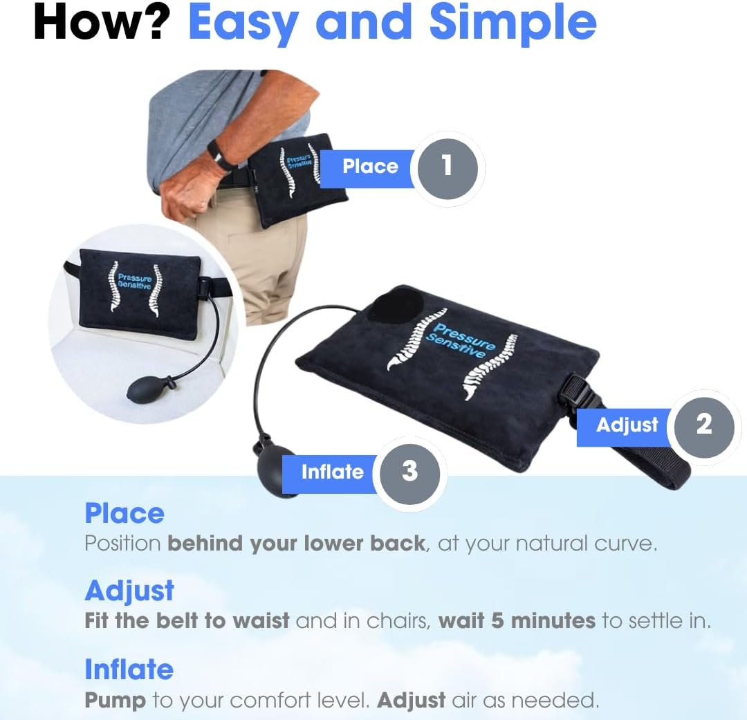 Innotech LumbAIR+ Pressure Sensitive - Spine and Back Support Pillow for Sensitive Backs, Ergonomic Back Rest for Lower Back Pain Relief, Post-Surgery Recovery