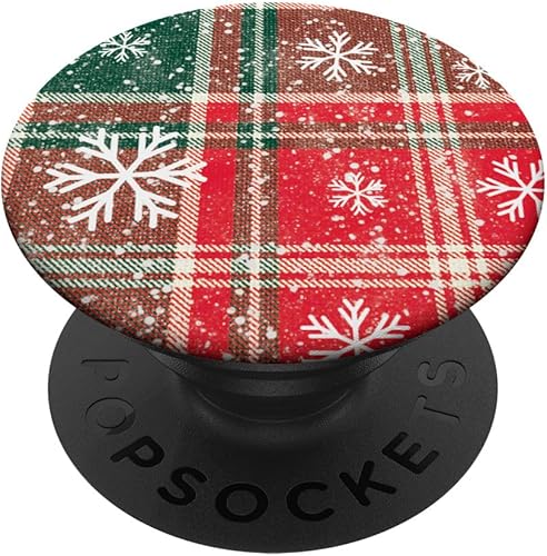 PopSockets PopGrip estándar con patrón de cuadros navideños rojos y verdes y copos de nieve