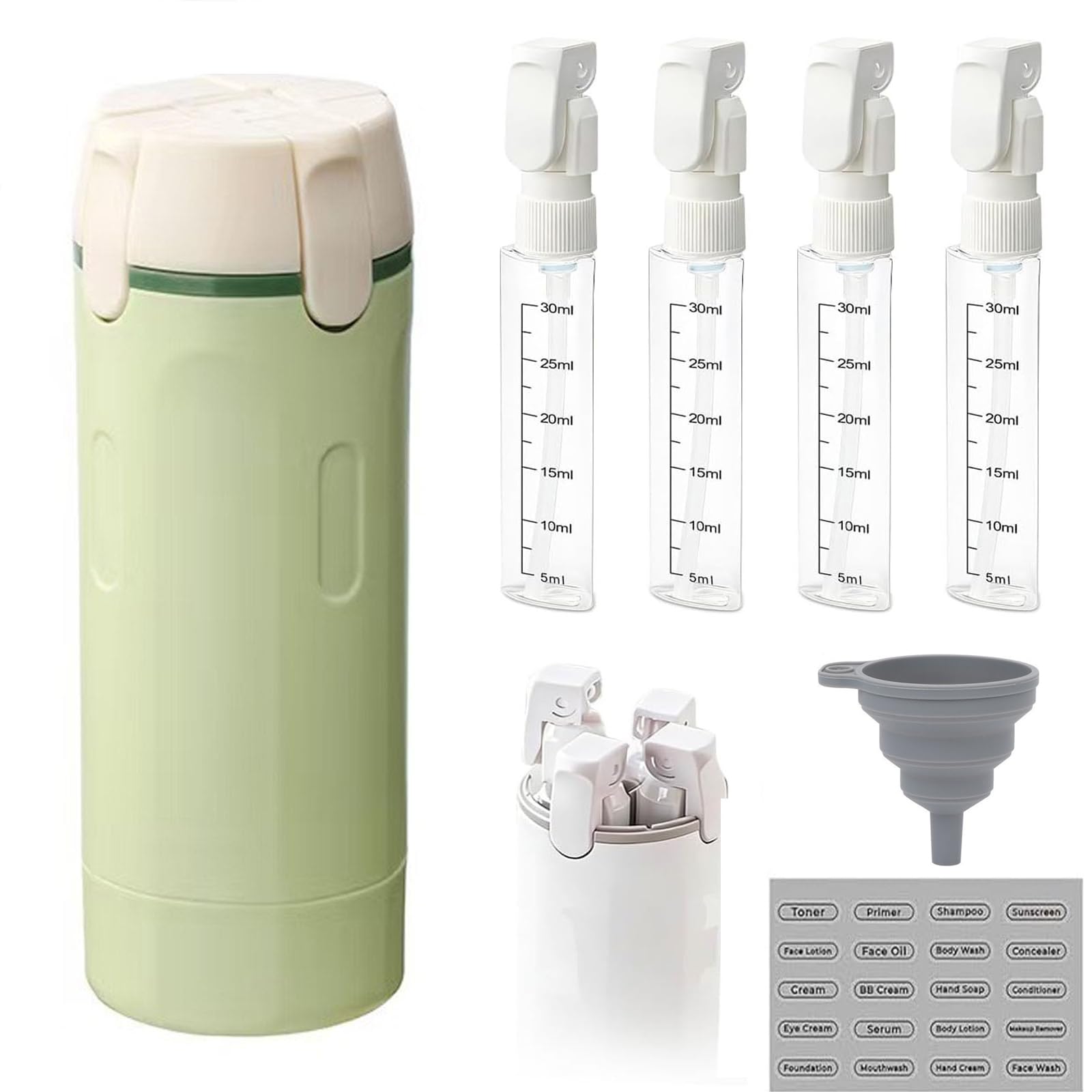 Dispenser da viaggio 4 in 1, ricaricabile, con scala ed etichetta, contenitore portatile a prova di perdite, per shampoo, lozioni, balsamo, crema liquida (verde)