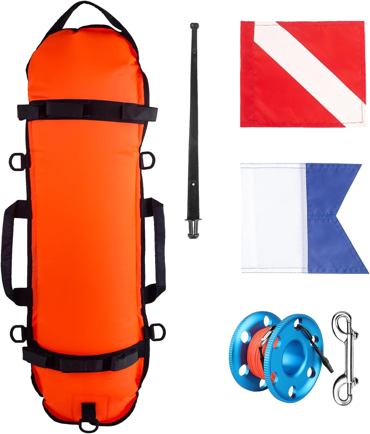 Inflatable Diving Safety Surface Marker Buoy Torpedo Buoy Orange with 2 Dive Flags, Diver Down Flag + Alpha Flag +100FT Aluminum Alloy Scuba Diving Reel Blue