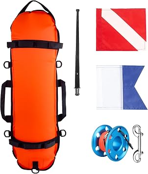 Inflatable Diving Safety Surface Marker Buoy Torpedo Buoy Orange with 2 Dive Flags, Diver Down Flag + Alpha Flag +100FT Aluminum Alloy Scuba Diving Reel Blue