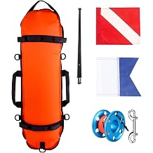 Inflatable Diving Safety Surface Marker Buoy Torpedo Buoy Orange with 2 Dive Flags, Diver Down Flag + Alpha Flag +100FT Aluminum Alloy Scuba Diving Reel Blue
