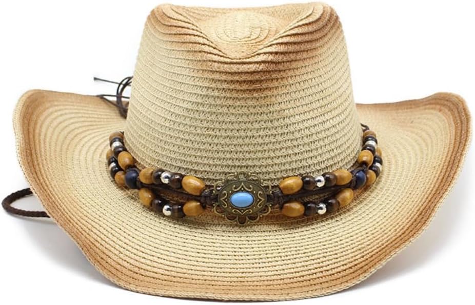 Western Straw Cowboy Hat with Beaded Turquoise Band, Natural Tan