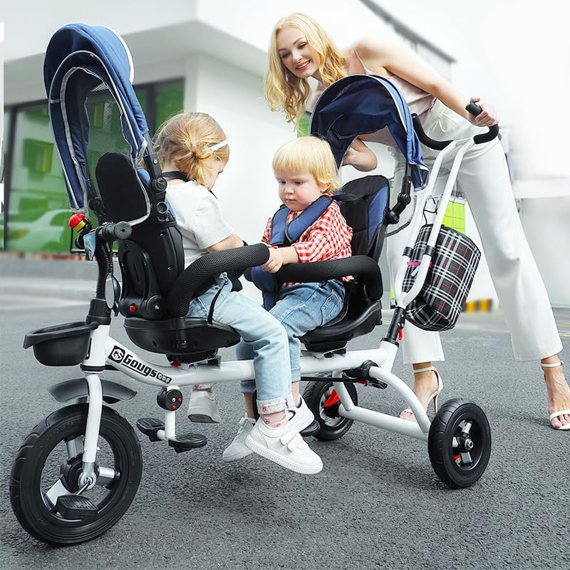 Double Sitting Pedal Car Twin Baby Stroller for 1-5 Years Old - Steerable, Durable, and Stylish (4 Colors Available) carriola para Bebe(Blue)