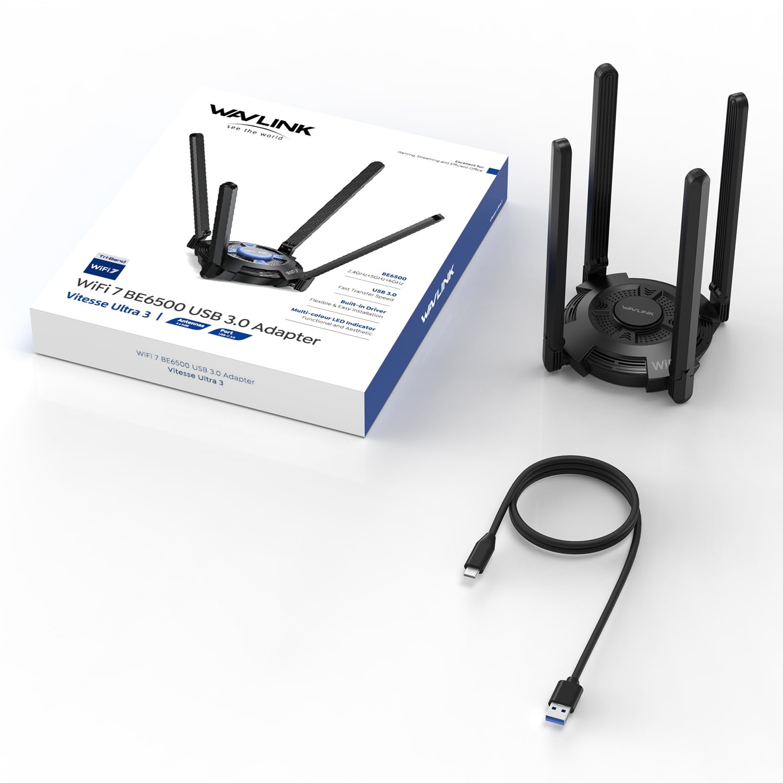 WAVLINK WiFi 7 USB WiFi Dongle per PC, Adattatore USB WiFi Tri-Banda BE6500 con Driver Integrato, WPA3, MLO & Multi-RU, Antenne Alto Guadagno 5dBi, Solo per Windows 11/10