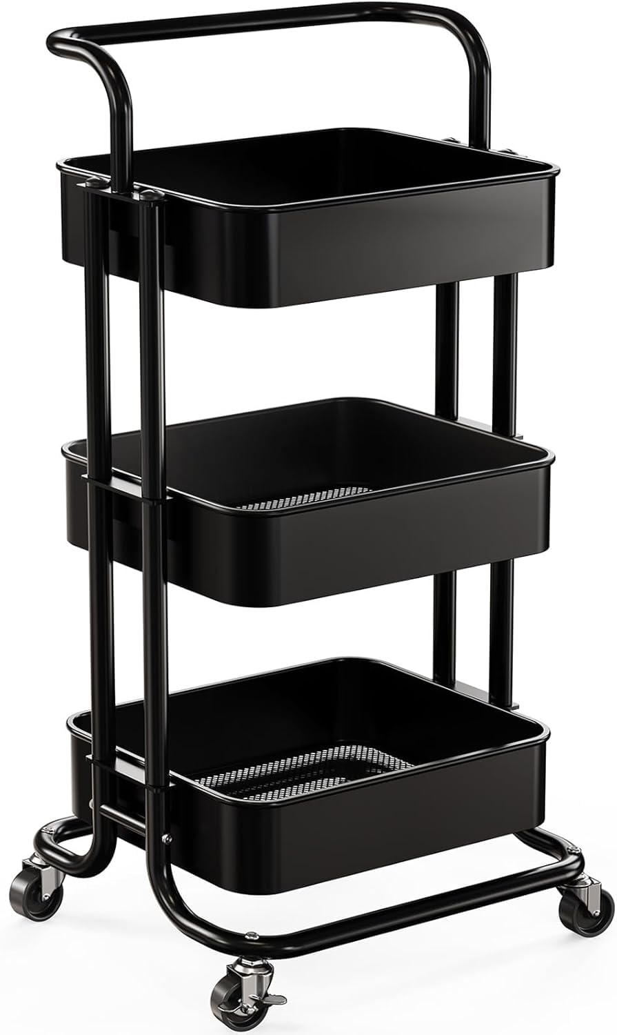 Pipishell 3 Tier Mesh Utility Cart, Rolling Metal Organization Cart with Handle and Lockable Wheels, Multifunctional Storage Shelves for Kitchen Living Room Office Black
