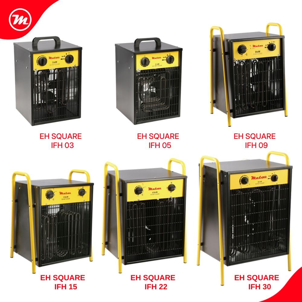 Aerotermo Eléctrico Industrial de 3KW - Calefactor Portátil y Ligero con Termostato Ajustable - Tensión de servicio: 230V – 50Hz - Monofásico -EH SQUARE IFH 03