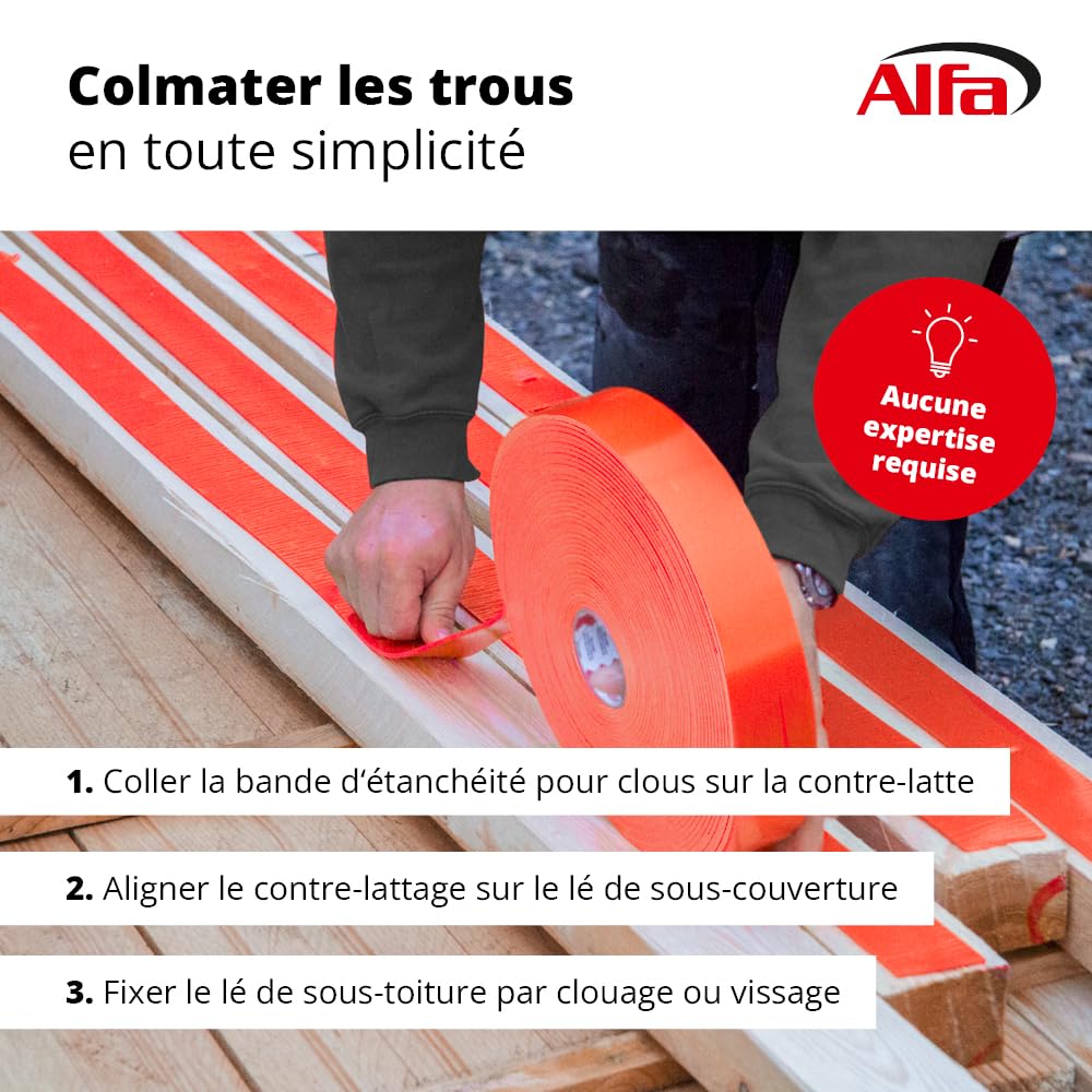 Alfa Bande d‘étanchéité PE pour clous – 50 mm x 20 m – 4 pièces