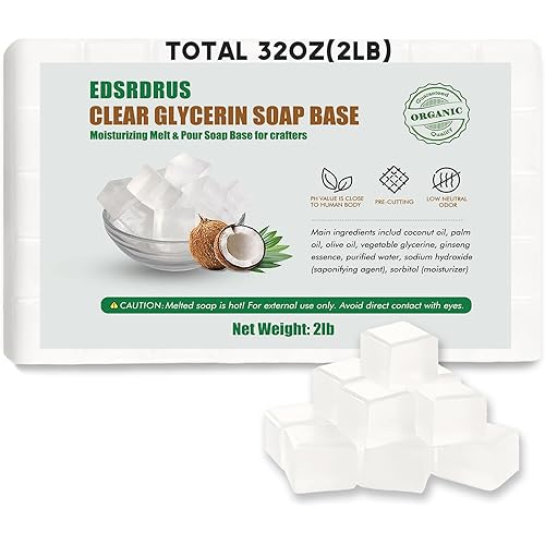EDSRDRUS 2LB Unscented Glycerin Soap Base DIY Handmade Soap Moisturizing Melt and Pour Soap Base for Crafting, Vegetable Glycerin & Coconut Oil, Easy to Cut (Transparent, 2LB)