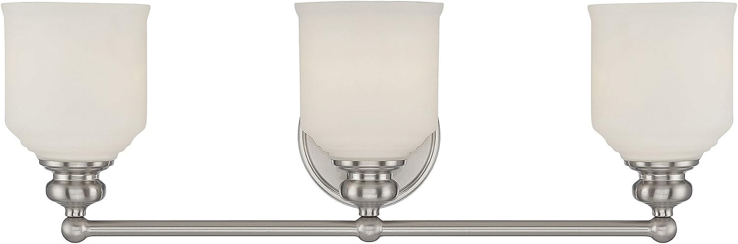 Savoy House 8-6836-3-SN Melrose Mid-Century Modern Vintage White Opal Etched Glass Bathroom Vanity, 3-Light 180 Total Watts, 8" H x 24" W, Satin Nickel