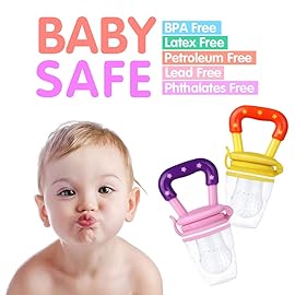 Baby Fruit Feeder by HAOBAOBEI, Frozen Teething Toys for Babies, Fruit Pacifier Feeder with 4 Sizes Silicone Pouches, Eating Essentials, BPA Free Feeding Supplies -2 Pack (Pink Yellow)