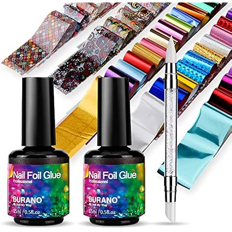 BURANO Nail Art Foil Glue Gel, 15ML 2 Bottles with 60PCS Foils Sticker, Nails Designer Adhesive Transfer Art UV LED Lamp Required Fall Winter Cover