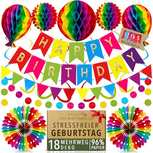 Premium Wiederverwendbare Geburtstagsdeko - Regenbogen Deko Geburtstag / Party Deko - Happy Birthday Girlande, Wimpelkette Geburtstag, Wabenbälle - Happy Birthday Deko (Regenbogen Partydeko)