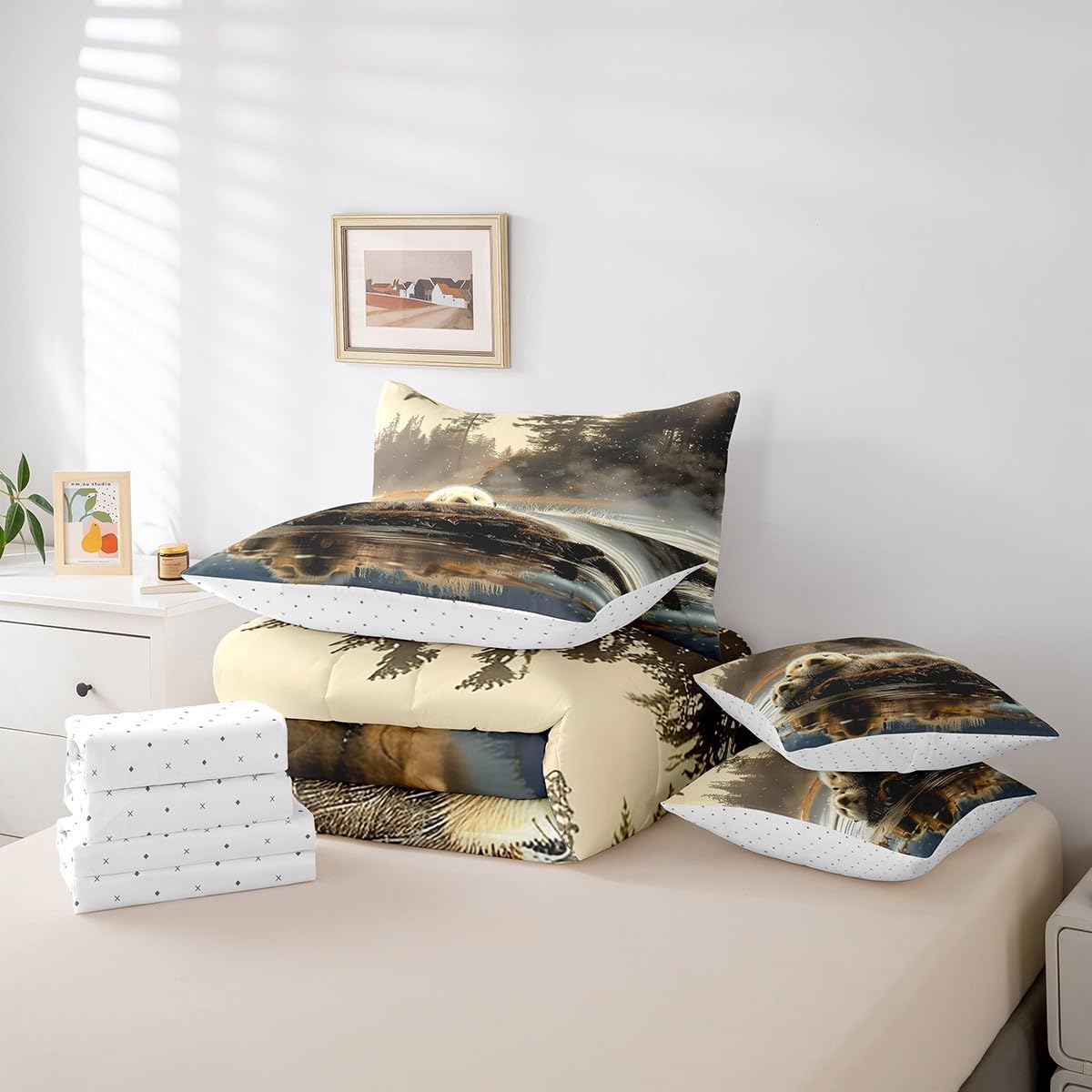 Manfei Sea Otter Comforter Set Bed in a Bag 7 Pieces Twin,Wildlife Otter Couple Swimming Bedding Set,Cute Otter Jungle Adventure (Comforter+Fitted+Flat Sheet+2 Pillowcases+2 Throw Pillow Covers)
