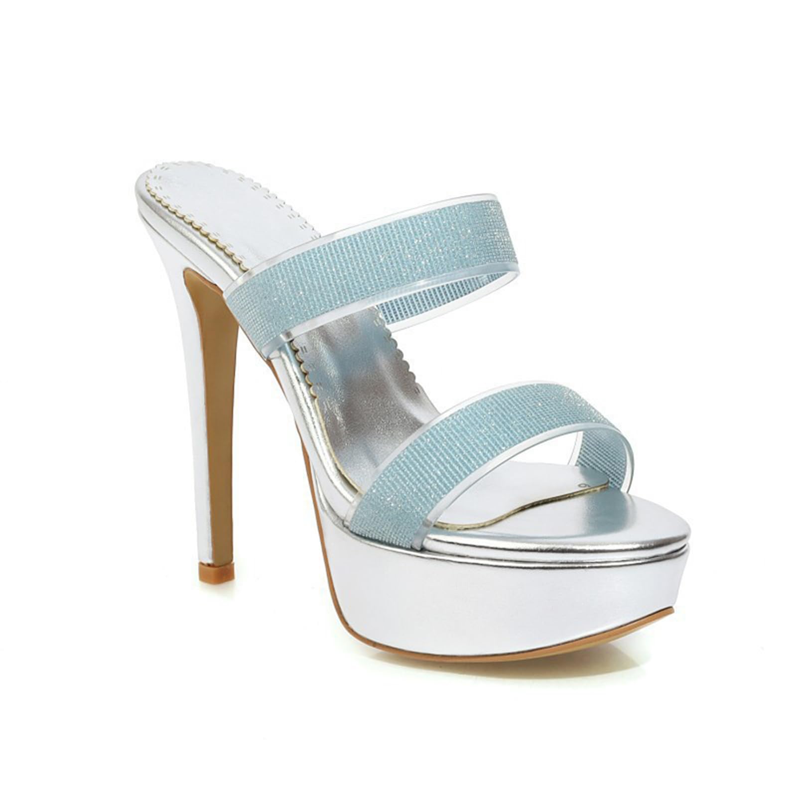 Mule con Tacco a Spillo Piattaforma da Donna, Punta Aperta, Doppia Fascia, Sandali con Strass per Feste e Matrimoni