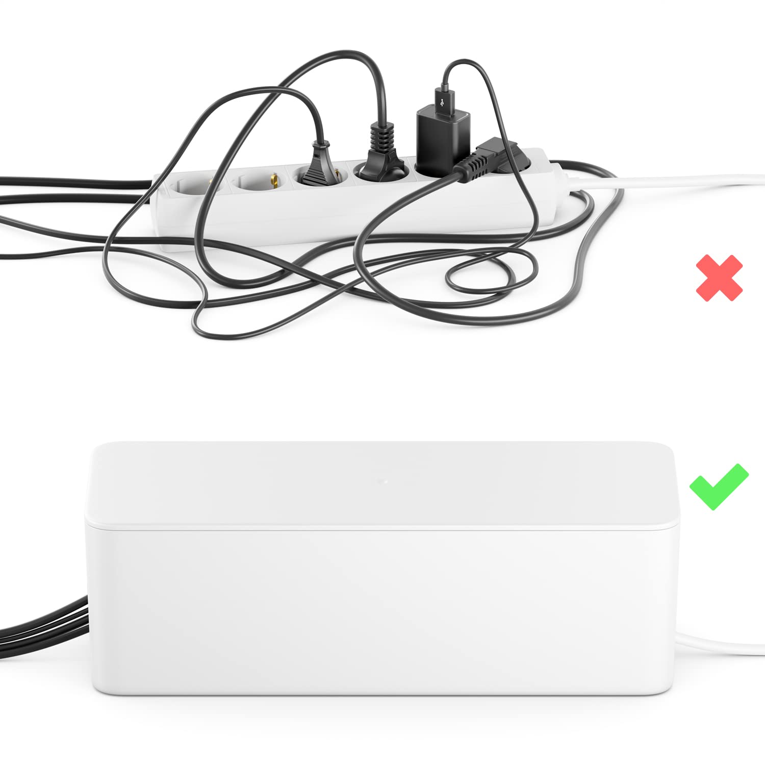 deleyCON Caja para Gestionar Caja Organizadora de Cables 40,5cm x 15,3cm x 13cm Plástico Robusto 2 Guías de Cables Protección y Seguridad Blanco