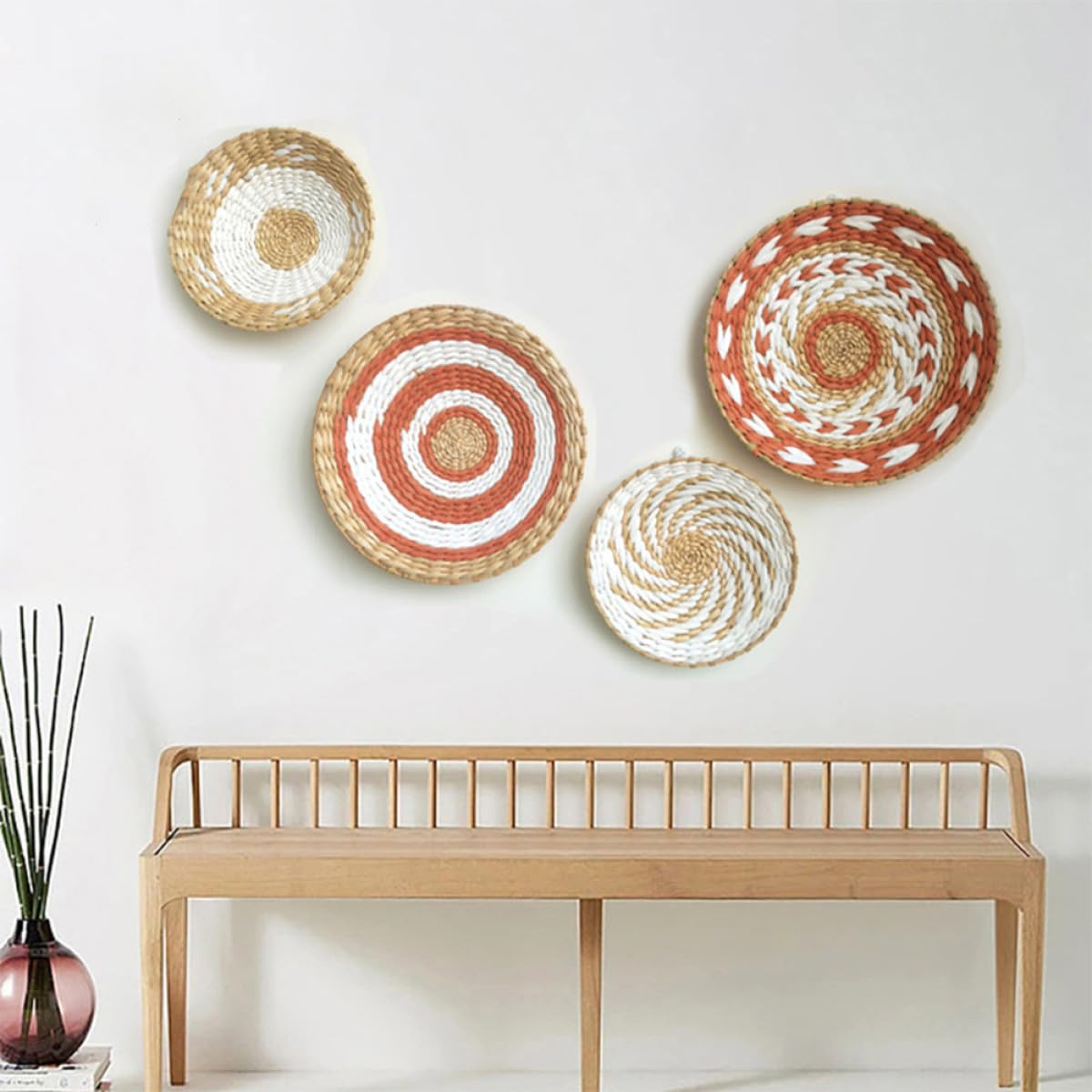 Decoración de Pared Redonda Bohemia Hecha a Mano en Paja Trenzada, Juego de 4 Piezas para Dormitorios y Celebraciones Obsequios, Resistente al Desvanecimiento