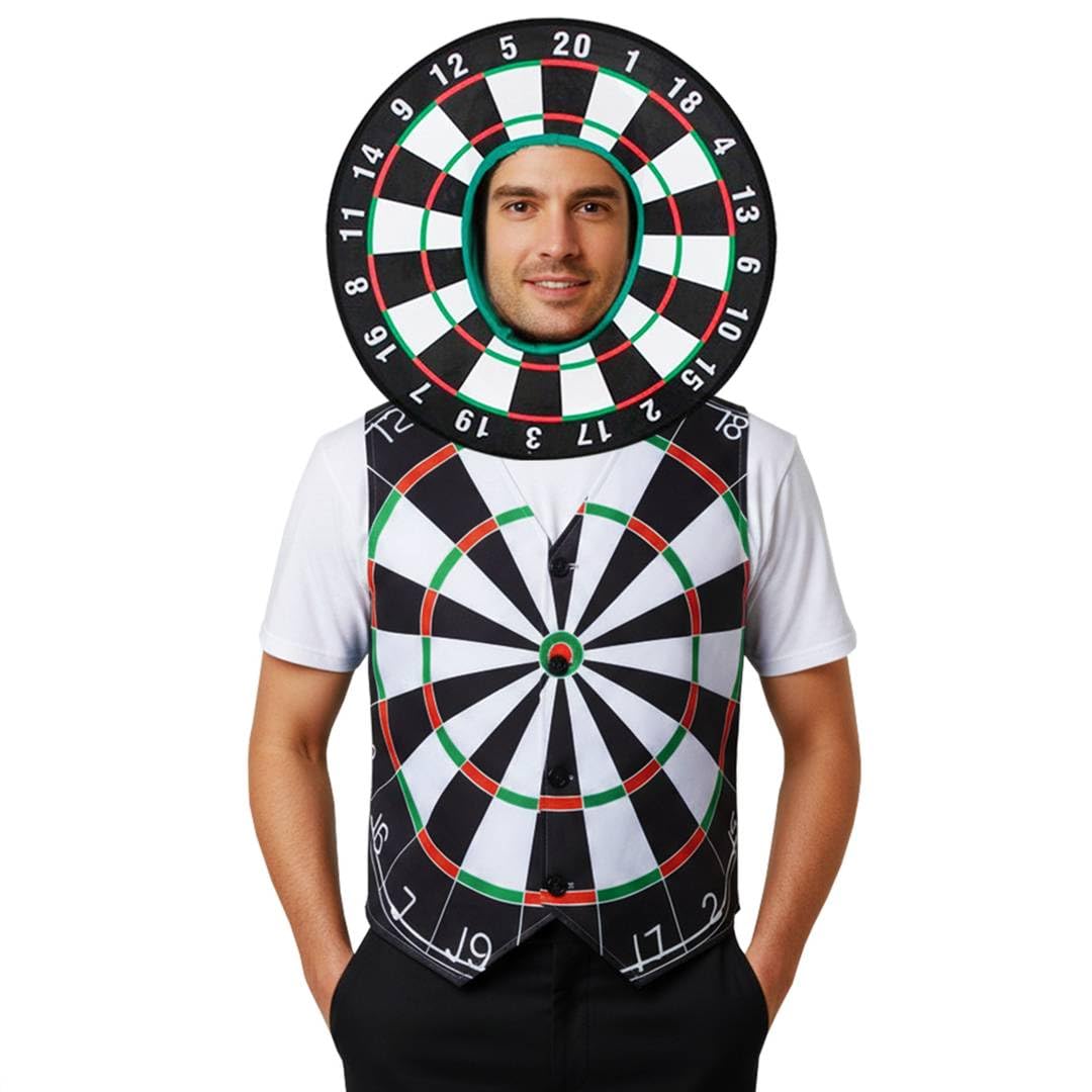 Adults Dartboard Waistcoat & Dart Board Hat Set – Novelty Darts Fancy Dress Costume for Pub Nights, Stag Dos, Parties & Events