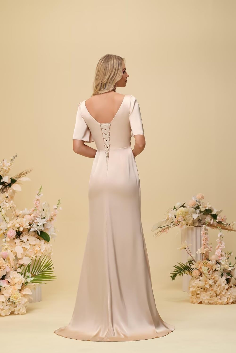 Satin Bridesmaid Dresses for Women with Slit Short Sleeves Sweetheart Pleated Long Formal Evening Dress