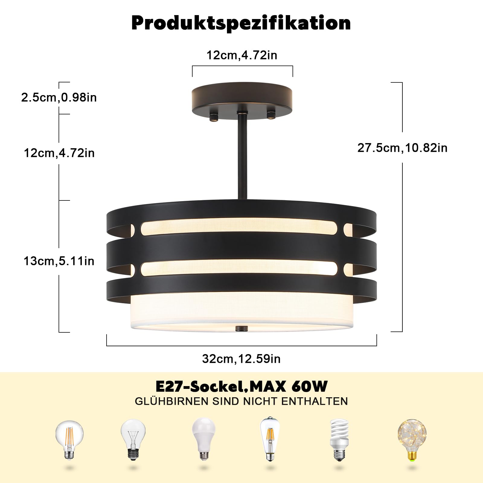 Schwarz Deckenlampe Wohnzimmer, Schwarz Deckenlampen mit Stoffschirm, E27 Deckenleuchte, Ø 32CM Moderne Deckenlampe Kronleuchter für Küche, Flur, Schlafzimmer, Esszimmer