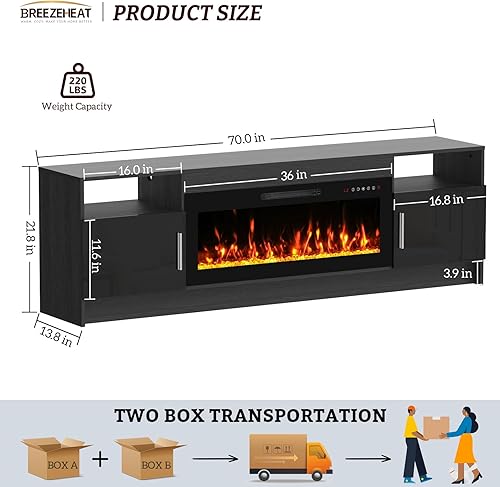 Miniatura 6 de BREEZEHEAT Soporte de TV con chimenea eléctrica, centro de entretenimiento LED, soporte de TV de 70 pulgadas con chimenea eléctrica de 36 pulgadas,