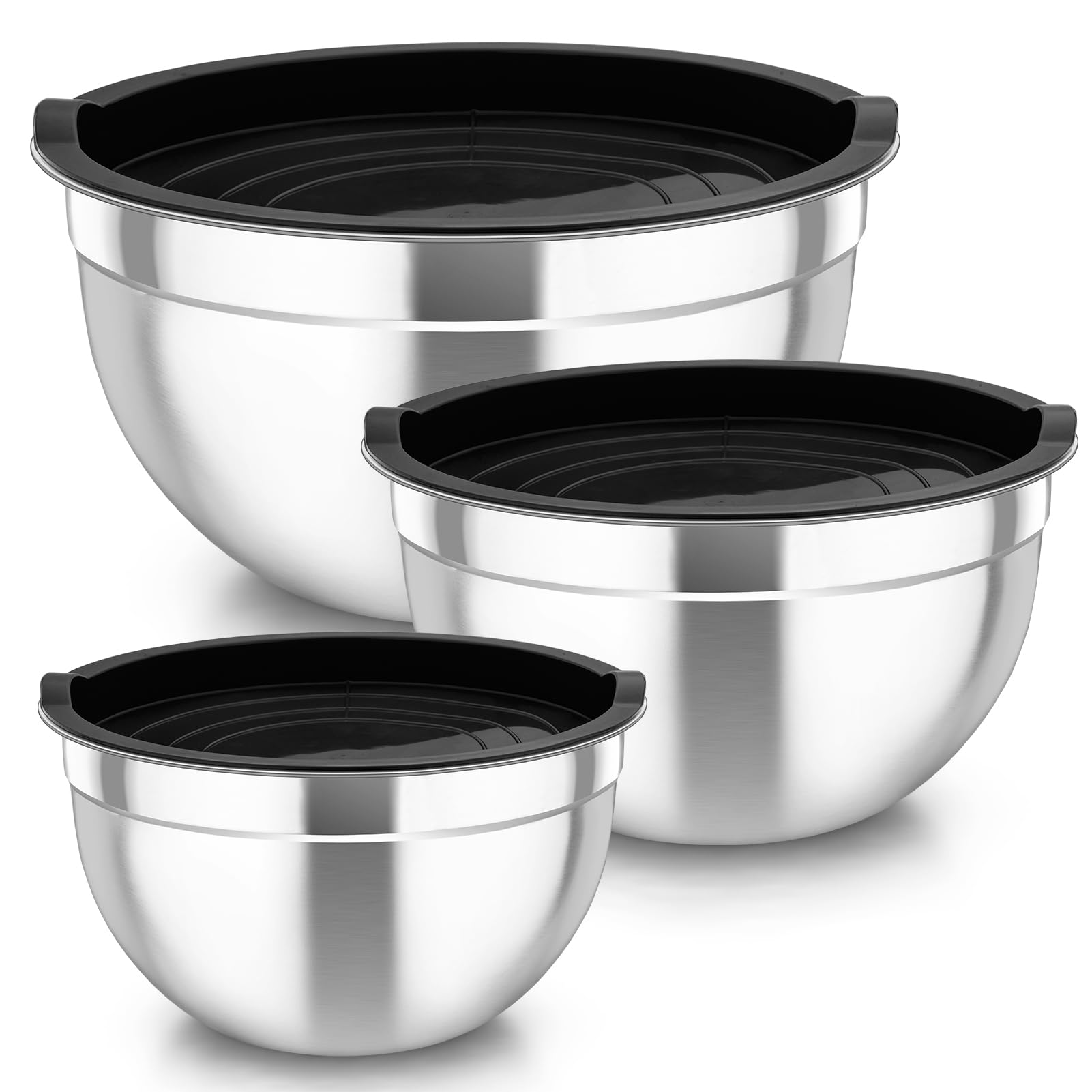 TEAMFAR Set 3 Ciotole In Acciaio Inox Con Coperchi Ermetici - 4,5L, 2,5L E 1,5L, Lavabili In Lavastoviglie, Colore Nero