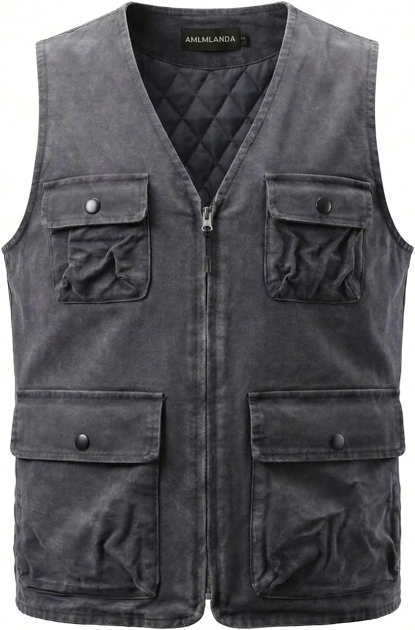 Men's Washed Cotton Cargo Vest,Quilted Lined Sleeveless Utility Vest,Multi-Pocket Warm Outdoor Casual Vest for Men