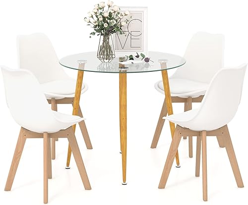 Miniatura 9 de Giantex Juego de mesa de comedor para 4, moderno juego de comedor de 5 piezas con 1 mesa redonda de vidrio templado y 4 sillas de respaldo alto,