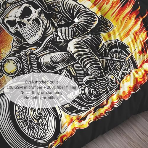 Image of Black Skull Comforter Set King: 1 Comforter 2 Pillowcases, Vintage Motorcycle Skeleton Bedding Set for Boys Adults Men, Halloween Gothic Quilt Bedroom Decor