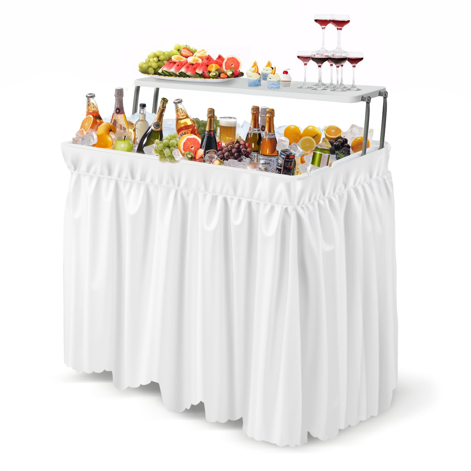 Bonnlo Kühltisch mit erhöhter Ablagefläche & Tischdecke – Klappbarer Getränkekühler aus HDPE, Eiskühltisch für Party, Camping, Terrasse, Indoor & Outdoor – bis 200 kg, 101,5 x 56 x 101,5 cm, Weiß