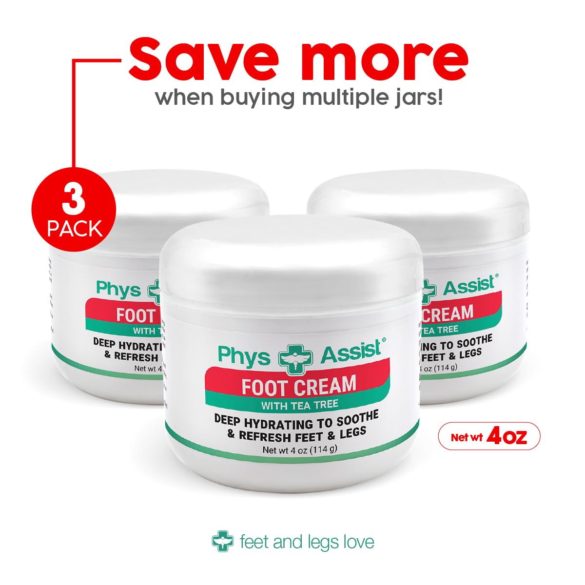 PhysAssist Tea Tree Foot Cream, Deep Hydrating 4 oz Jar