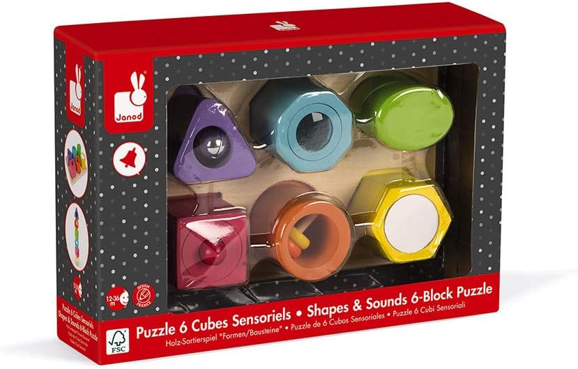 Janod I Wood – Shapes and Sounds 6 Block Puzzle – Ages 12 Months+ - J05332