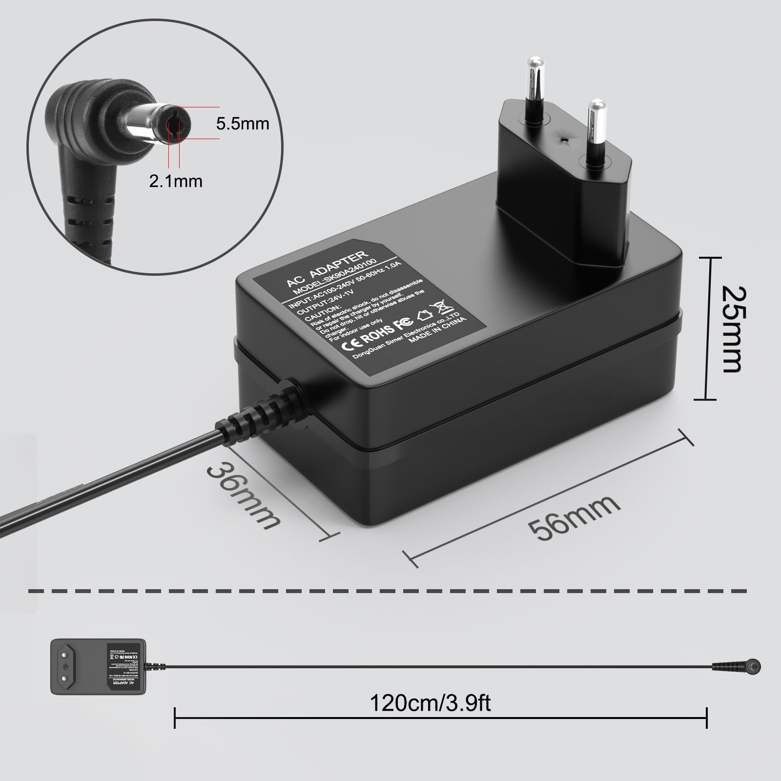 24V 1A Transformer 24W Zasilacz 24W do speedportu, routera, budzika radiowego, taśmy LED, pasków świetlnych, aparatu, zestawu górnego itp. Kabel ładowania Adapter 5.5±2.1mm Kabel 1.8m