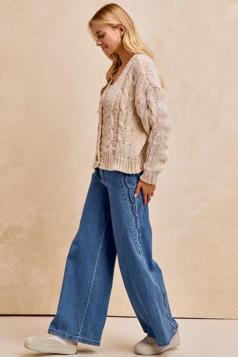 Wavy Side Edge Detail Lined Wide Leg Jeans