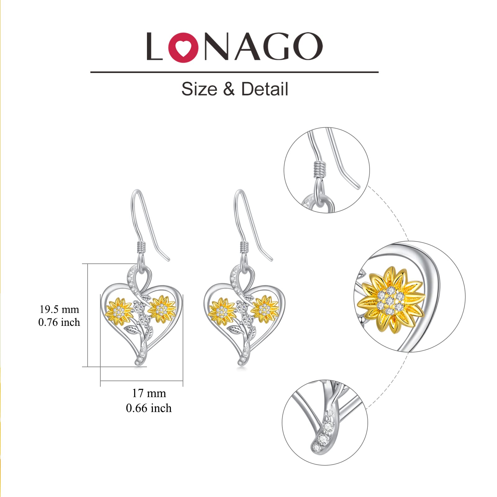 LONAGO Orecchini di Girasole per le Donne 925 Sterline D'argento Tu Sei il Mio Sole Due Girasoli Orecchini Pendenti Gioielli