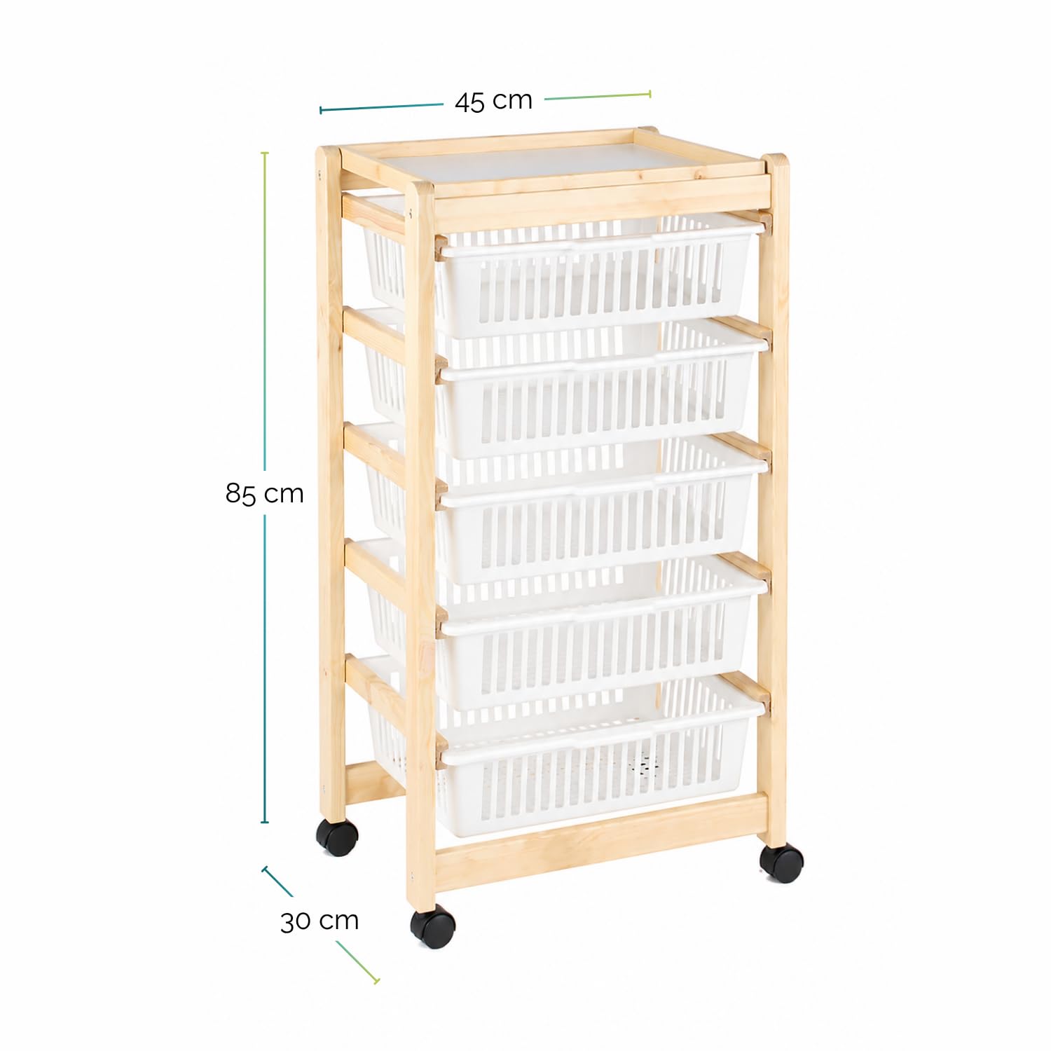 Paluplus Carrello porta verdure a 5 ripiani in Legno Naturale, misura 45x30x85 cm, 5 Cestelli in Plastica con Vassoio Portaoggetti e 4 Ruote girevoli, Scaffale da cucina per frutta e verdura -6015F -4