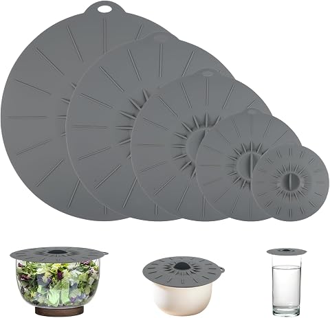 5PCS Tapas Silicona Reutilizable Sin BPA Tapas de Silicona Efecto de Succión Impermeable y Resistente al Calor Buena Estanqueidad al Aire, para Cuencos, Ollas, Platos, Tazas, Horno, Frigorífico (Gris)